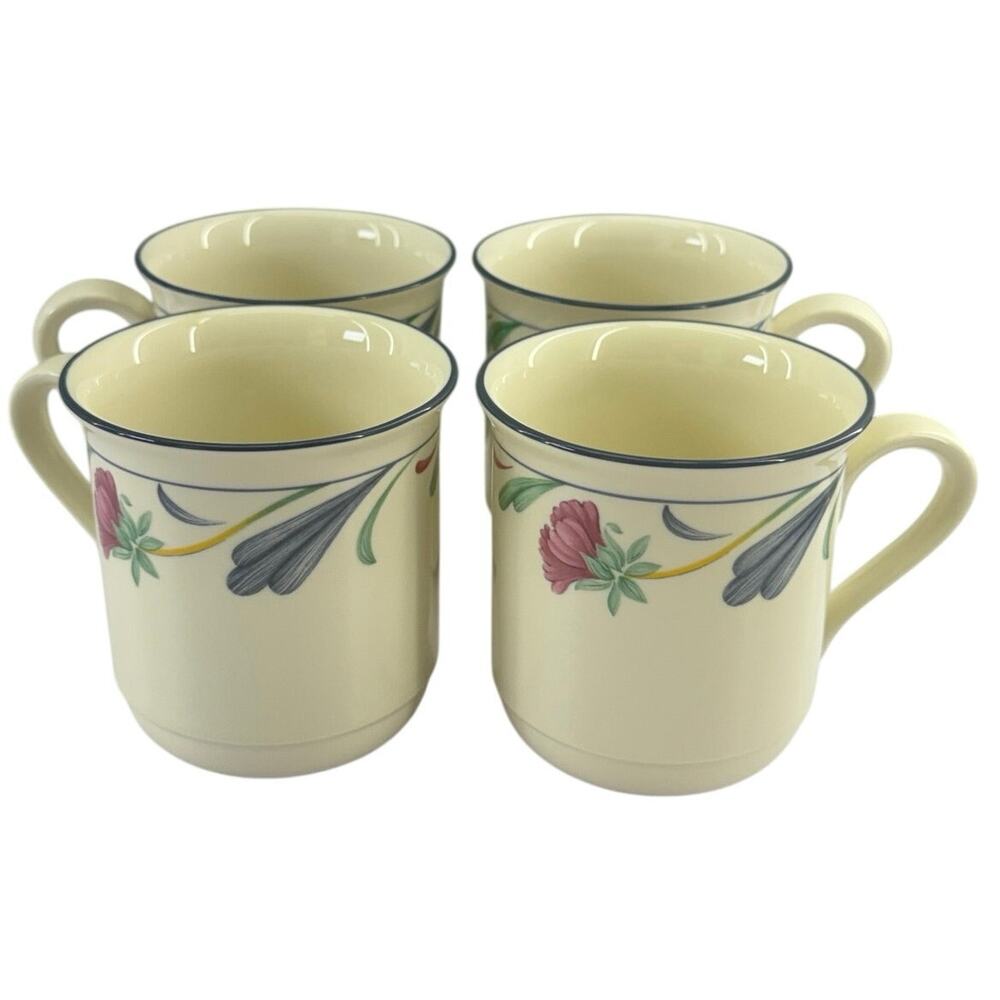 Vintage 90s Lenox Chinastone Poppies on Blue Mugs Set of 4 USA 3.75"
